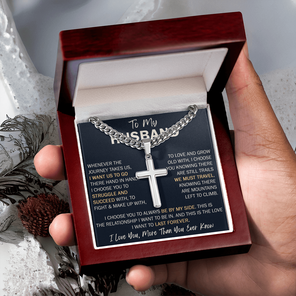 To My Husband Personalized Cross with Cuban Link Chain - Perfect Gift for Birthday, Valentine, Wedding Anniversary or any Special Occasion.