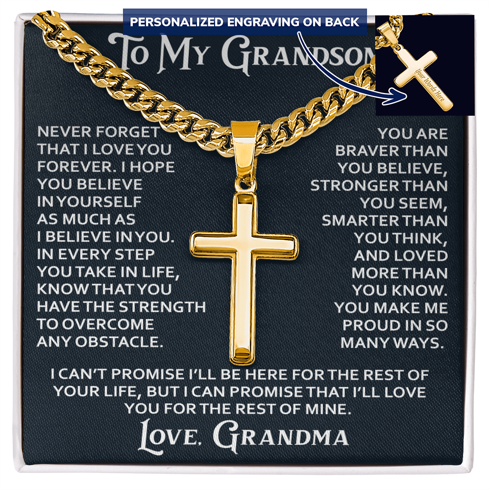 To My Grandson Personalized Cross with Cuban Link Chain From Grandma Grandmother for Christmas, Noel, Birthday, Back to School or Family Matching