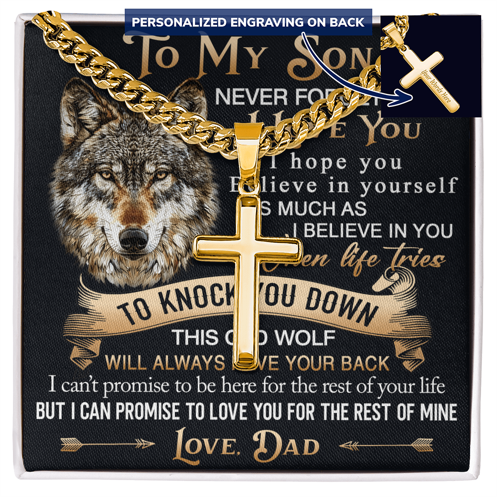 To My Son Personalized Cross with Cuban Link Chain Gift from Wolf Dad - Unique Gift for Birthday, Back to School, Graduation or any Special Occasion.