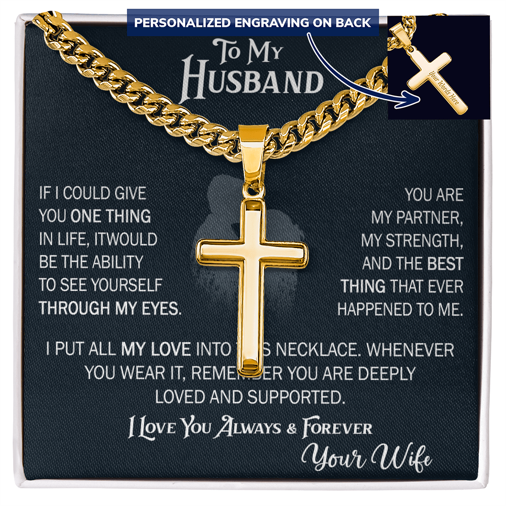 Product Image To My Husband Personalized Cross with Cuban Link Chain From Wife – Valentines Day Gifts for Her with Heartfelt Message Card, Premium Gold-Plated Wife Jewelry