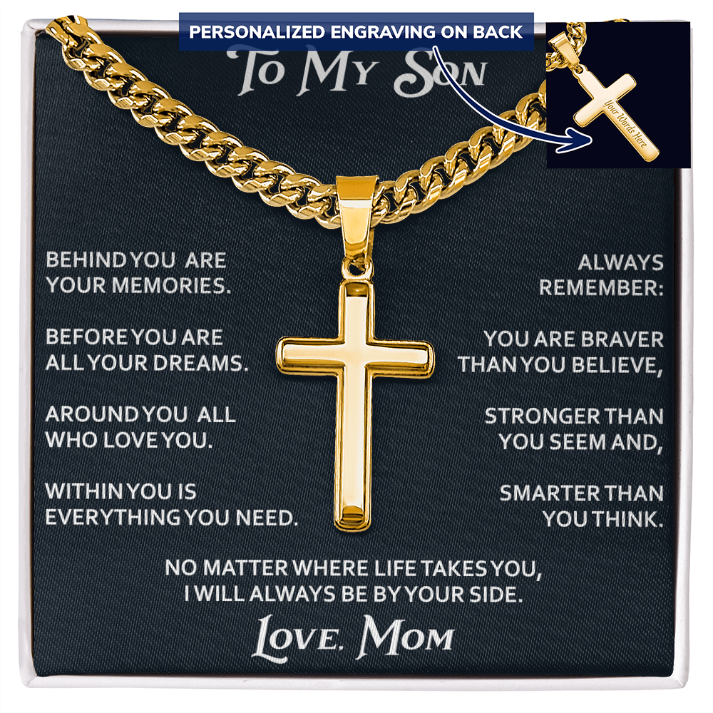 To My Son Personalized Cross with Cuban Link Chain Gift from Mom Mother for Birthday, Back to School, Graduation or any Special Occasion.