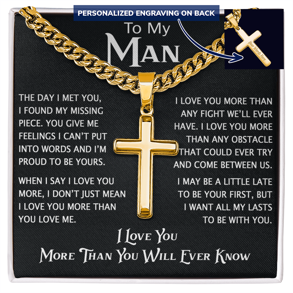 To My Man Personalized Cross with Cuban Link Chain - Perfect Gift for Birthday, Christmas