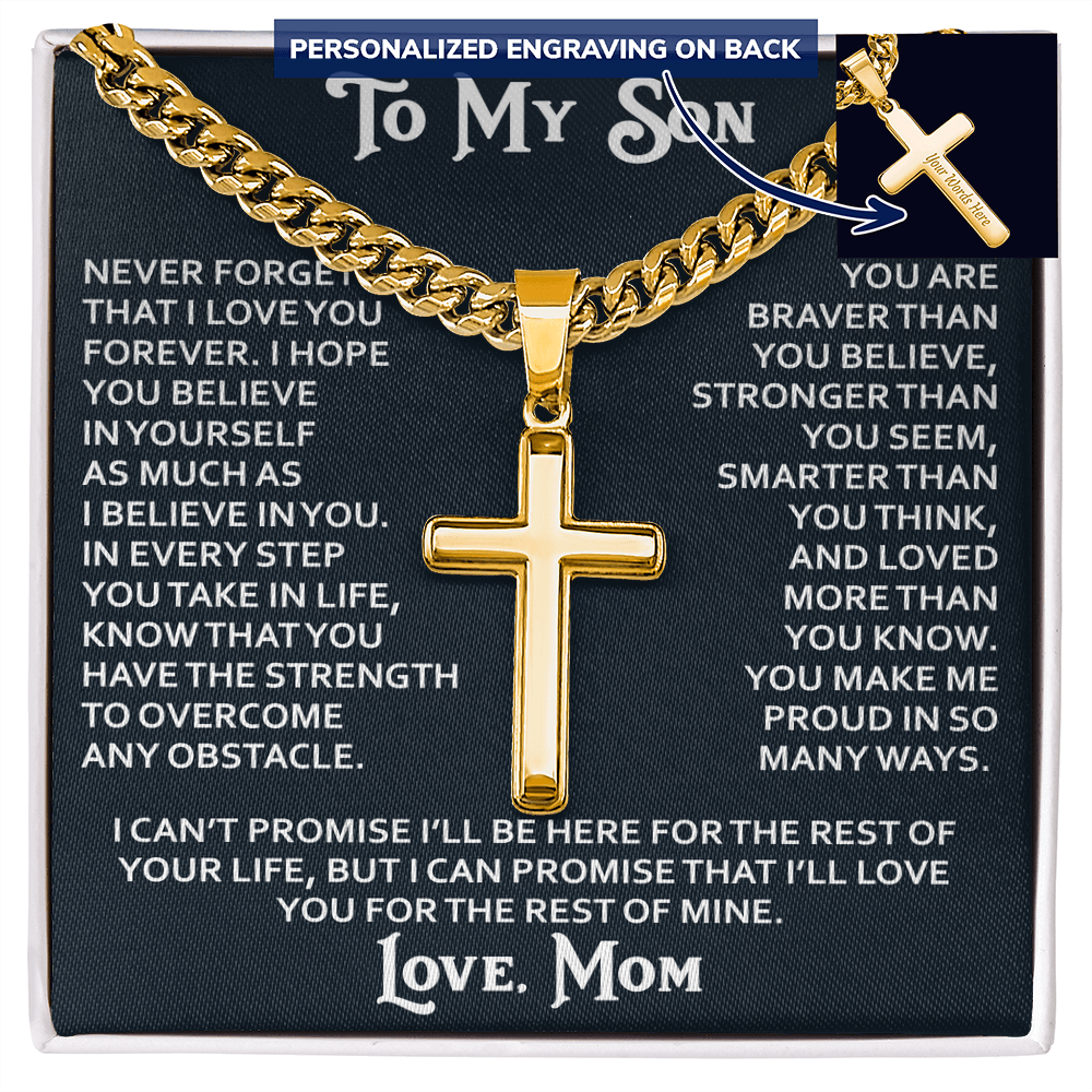 To My Son Personalized Cross with Cuban Link Chain Gift from Mom Mother for Birthday, Back to School, Graduation or any Special Occasion Present