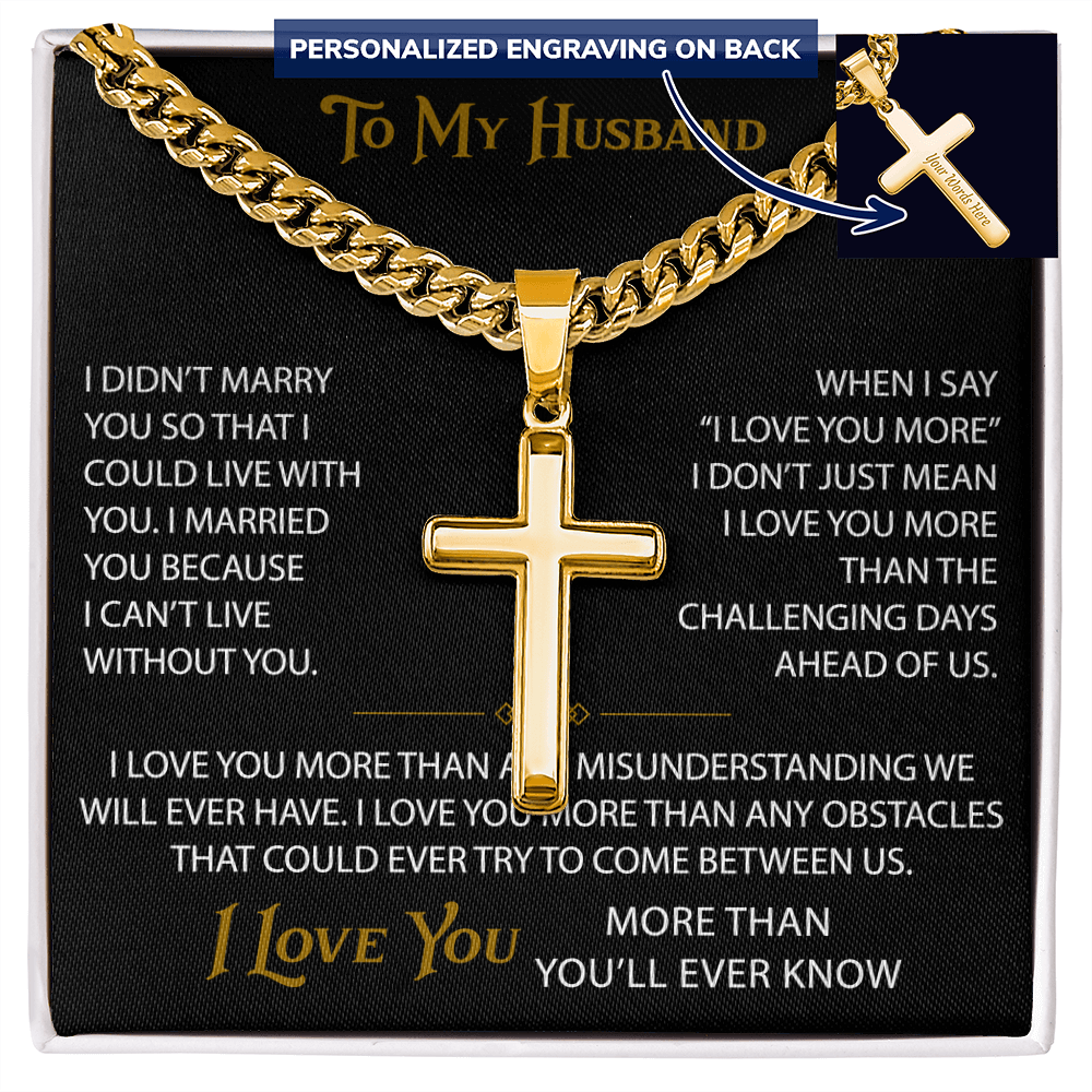 Wife Gift to My Husband Personalized Cross with Cuban Link Chain - Unique Present for Soulmate Broom, Wedding Anniversary, Birthday Gifts