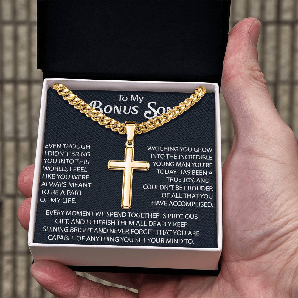To My Bonus Son Personalized Cross with Cuban Link Chain -  Perfect Gift for Birthday, Christmas, Back to School or any Special Occasion.