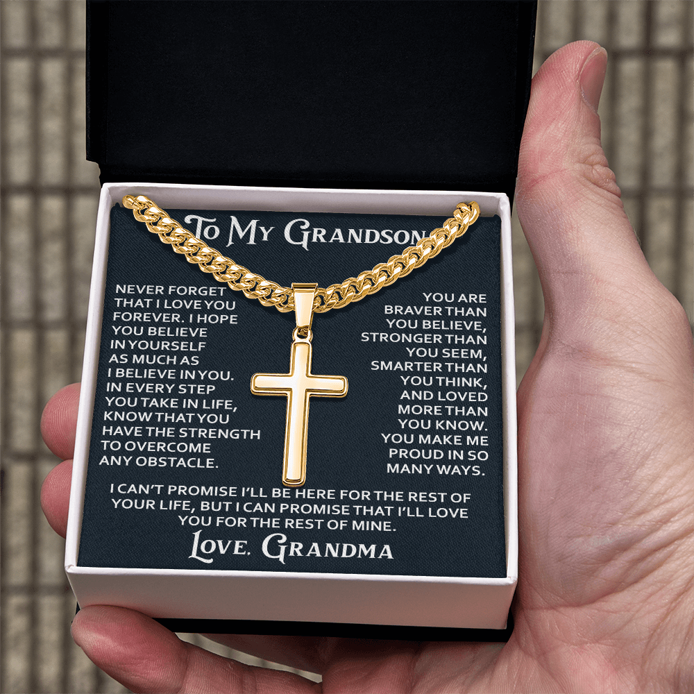 To My Grandson Personalized Cross with Cuban Link Chain From Grandma Grandmother for Christmas, Noel, Birthday, Back to School or Family Matching