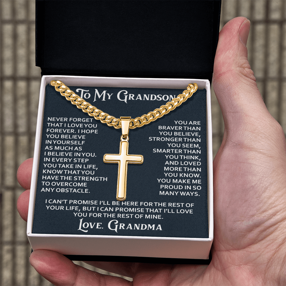 To My Grandson Artisan Cross with Cuban Link Chain - Christian Faith Gifts From Grandpa Grandma Inspirational Jewelry