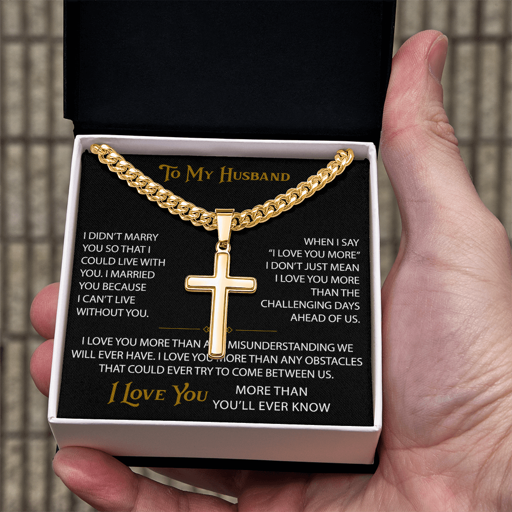 Wife Gift to My Husband Personalized Cross with Cuban Link Chain - Unique Present for Soulmate Broom, Wedding Anniversary, Birthday Gifts