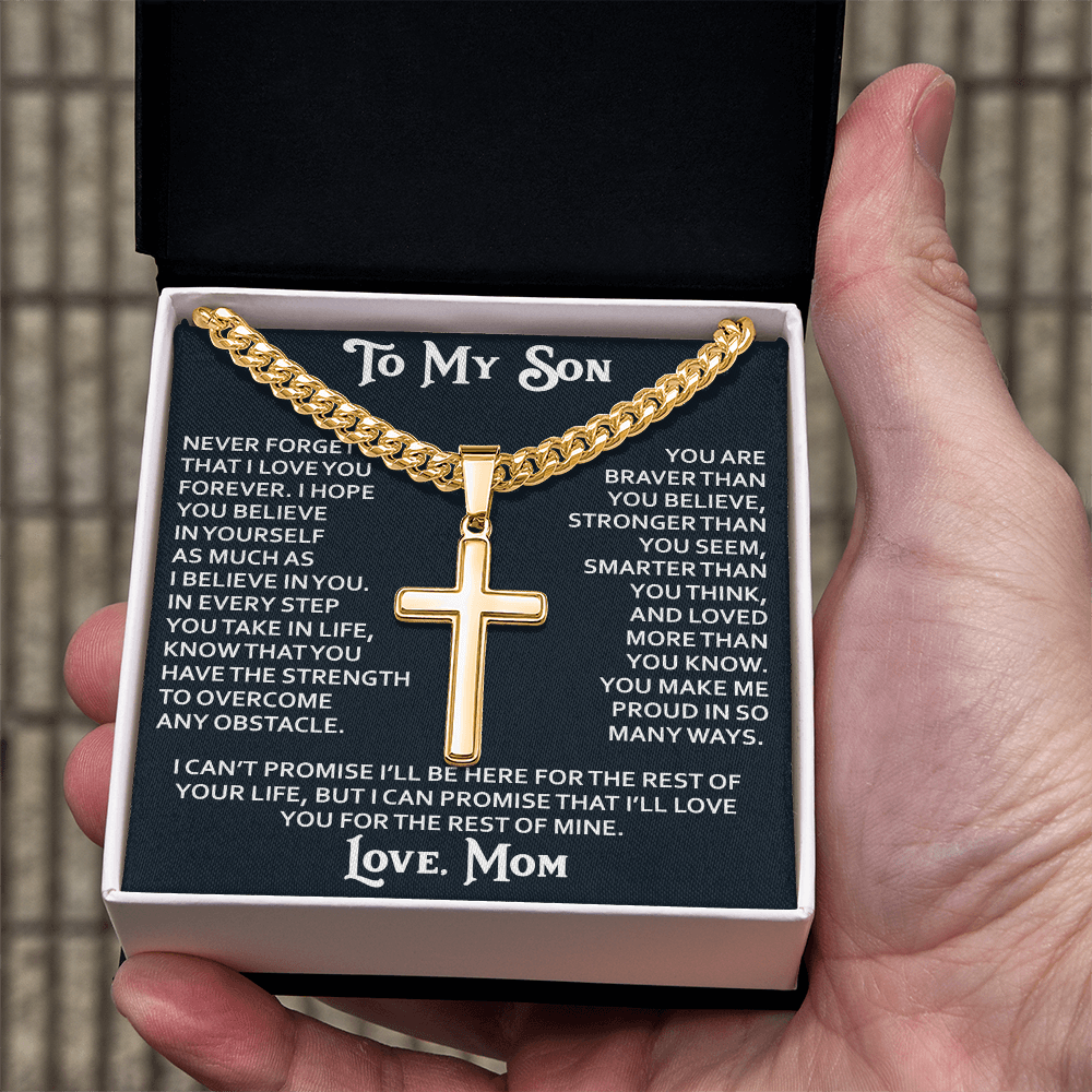 To My Son Personalized Cross with Cuban Link Chain Gift from Mom Mother for Birthday, Back to School, Graduation or any Special Occasion Present