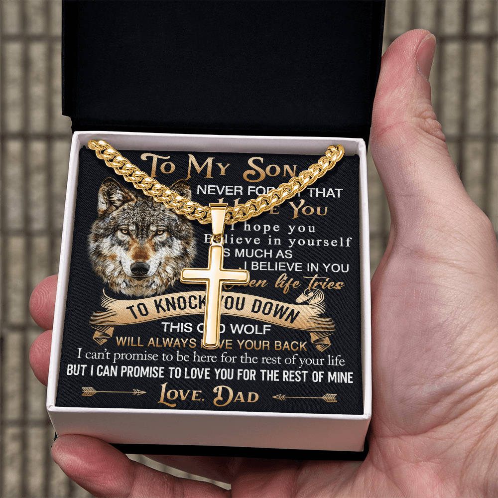 To My Son Personalized Cross with Cuban Link Chain Gift from Wolf Dad - Unique Gift for Birthday, Back to School, Graduation or any Special Occasion.