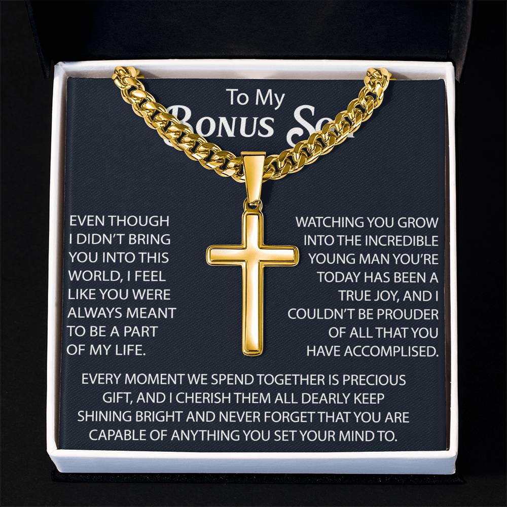 To My Bonus Son Personalized Cross with Cuban Link Chain -  Perfect Gift for Birthday, Christmas, Back to School or any Special Occasion.