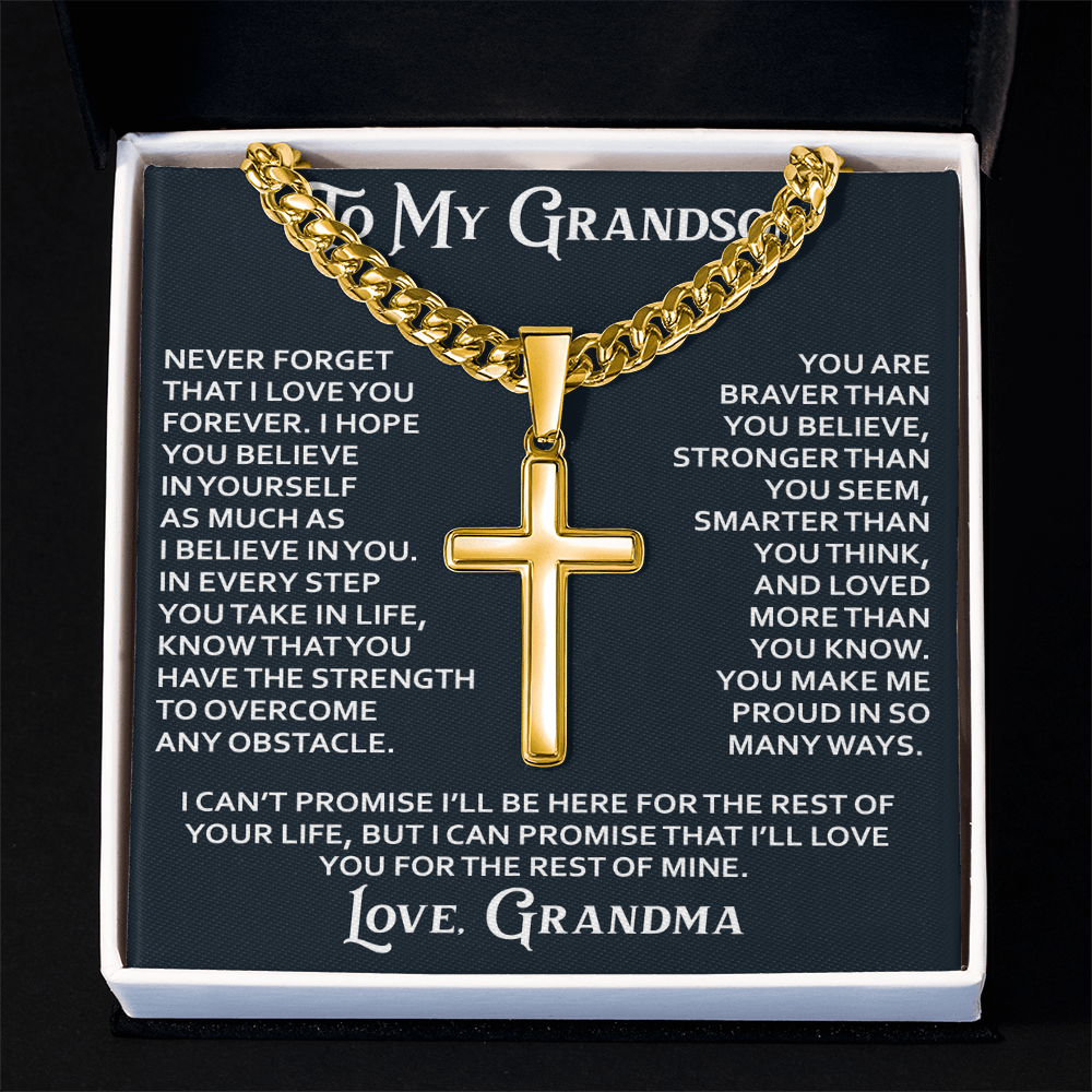 To My Grandson Personalized Cross with Cuban Link Chain From Grandma Grandmother for Christmas, Noel, Birthday, Back to School or Family Matching