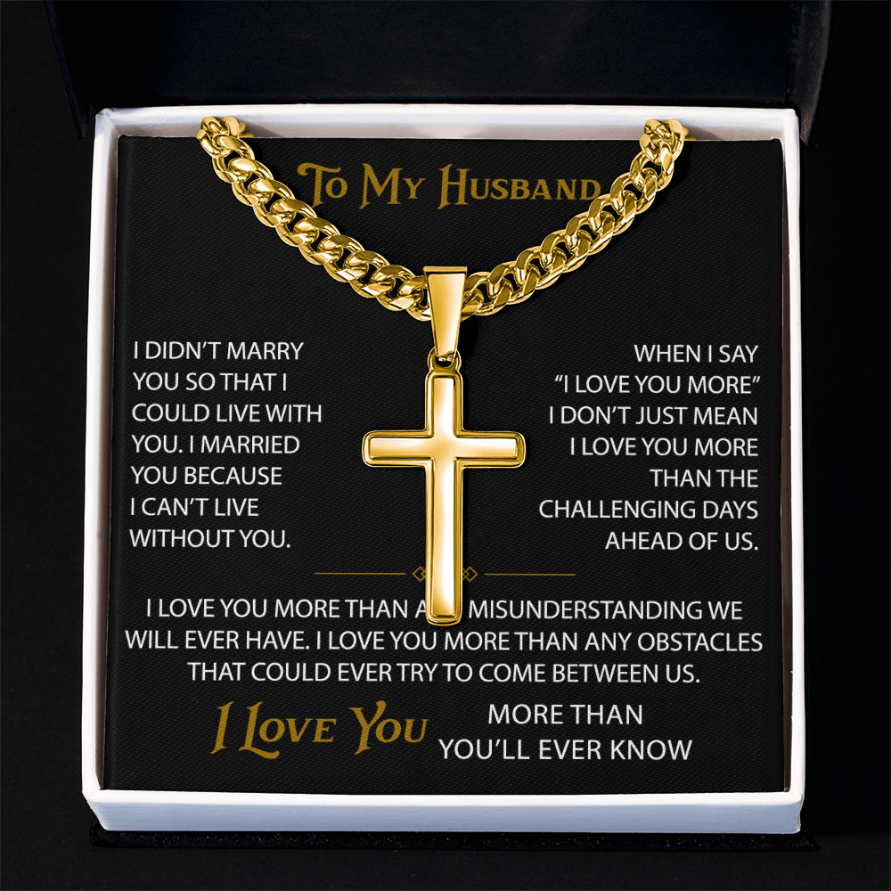 Wife Gift to My Husband Personalized Cross with Cuban Link Chain - Unique Present for Soulmate Broom, Wedding Anniversary, Birthday Gifts