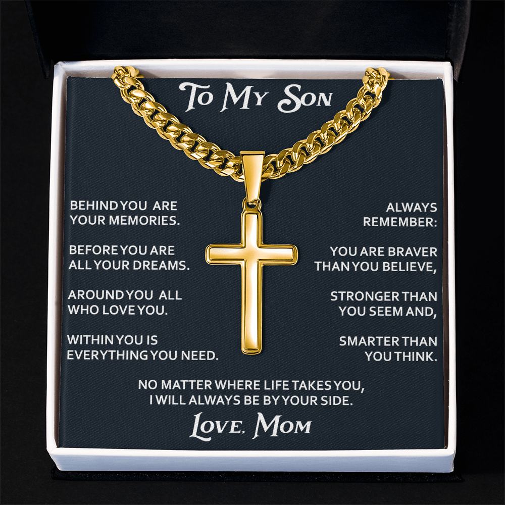 To My Son Personalized Cross with Cuban Link Chain Gift from Mom Mother for Birthday, Back to School, Graduation or any Special Occasion.