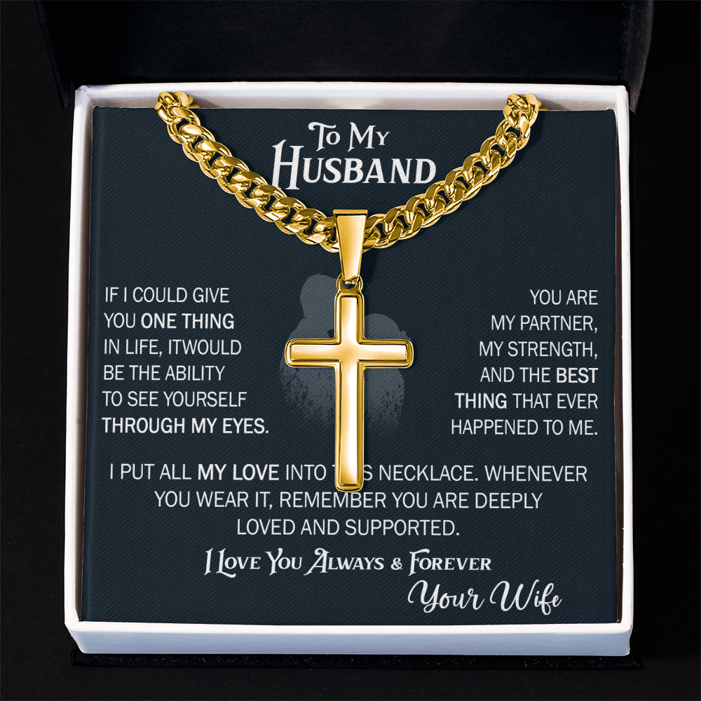Product Image To My Husband Personalized Cross with Cuban Link Chain From Wife – Valentines Day Gifts for Her with Heartfelt Message Card, Premium Gold-Plated Wife Jewelry