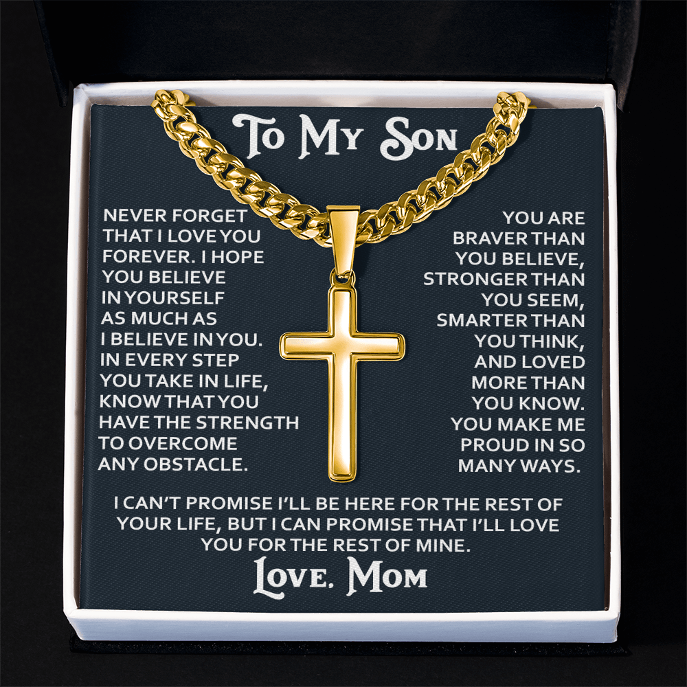 To My Son Personalized Cross with Cuban Link Chain Gift from Mom Mother for Birthday, Back to School, Graduation or any Special Occasion Present