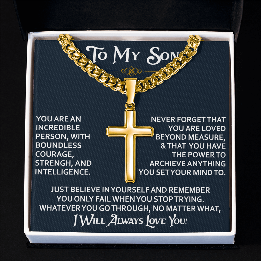To My Son Personalized Cross with Cuban Link Chain Gift from Dad Mom - Unique Gift for Birthday, Back to School, Graduation or any Special Occasion.