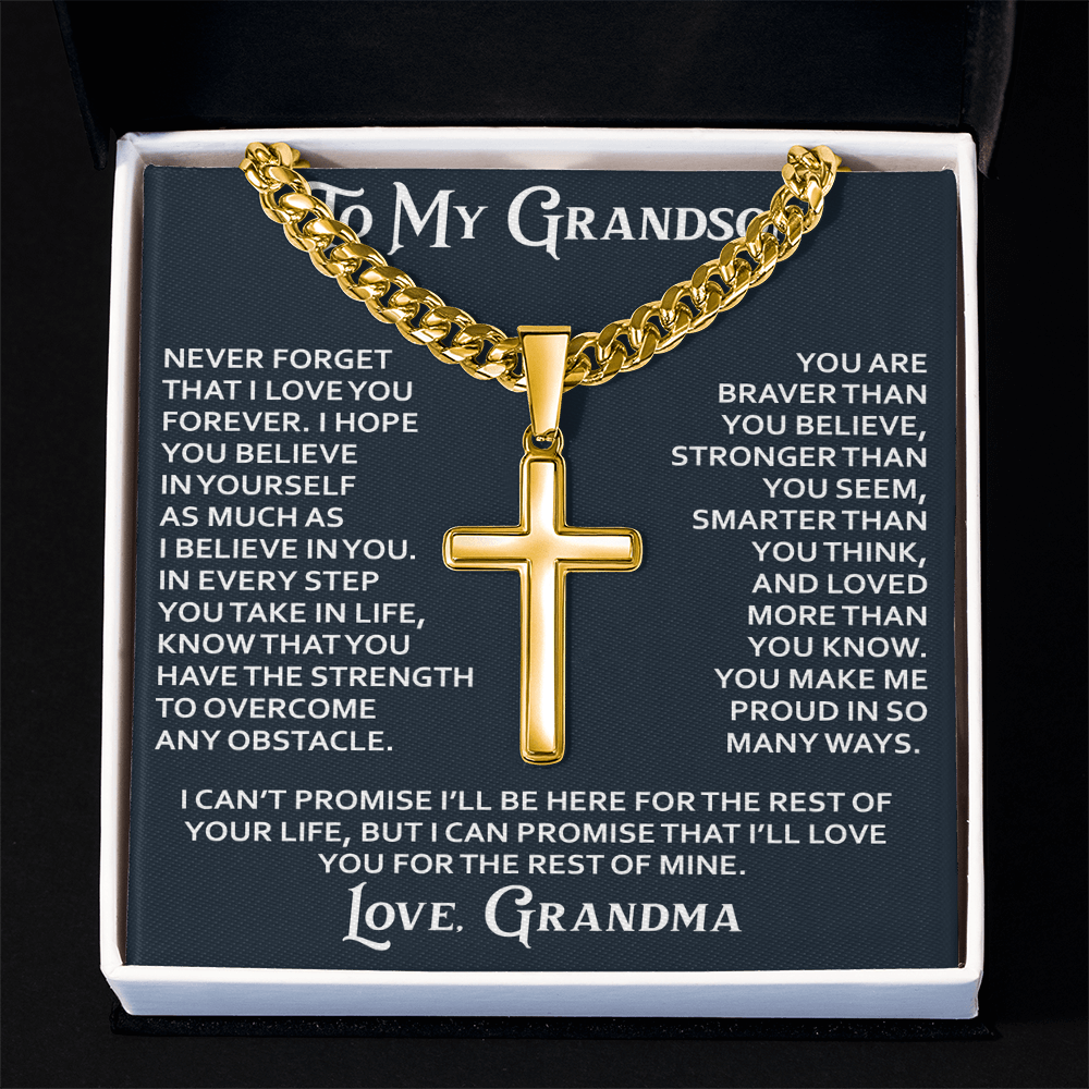 To My Grandson Artisan Cross with Cuban Link Chain - Christian Faith Gifts From Grandpa Grandma Inspirational Jewelry