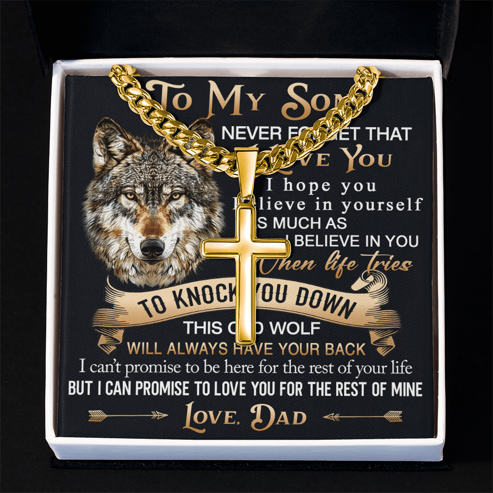 To My Son Personalized Cross with Cuban Link Chain Gift from Wolf Dad - Unique Gift for Birthday, Back to School, Graduation or any Special Occasion.