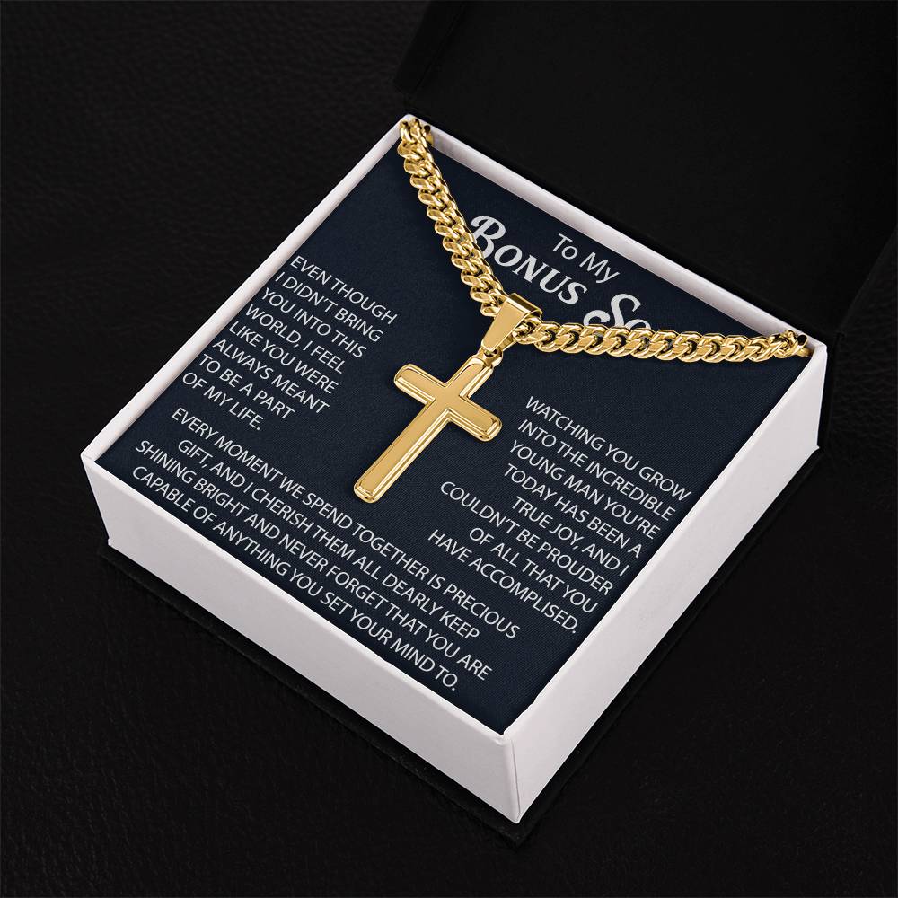 To My Bonus Son Personalized Cross with Cuban Link Chain -  Perfect Gift for Birthday, Christmas, Back to School or any Special Occasion.