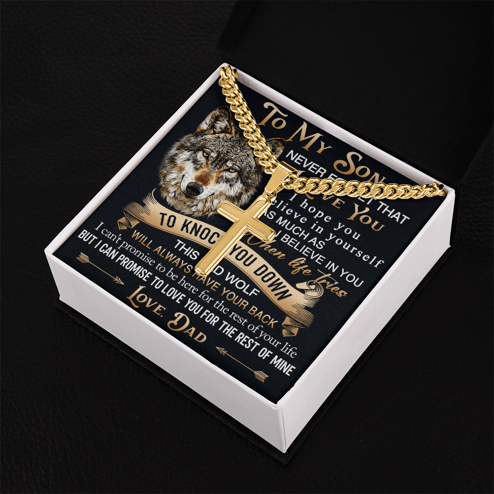 To My Son Personalized Cross with Cuban Link Chain Gift from Wolf Dad - Unique Gift for Birthday, Back to School, Graduation or any Special Occasion.