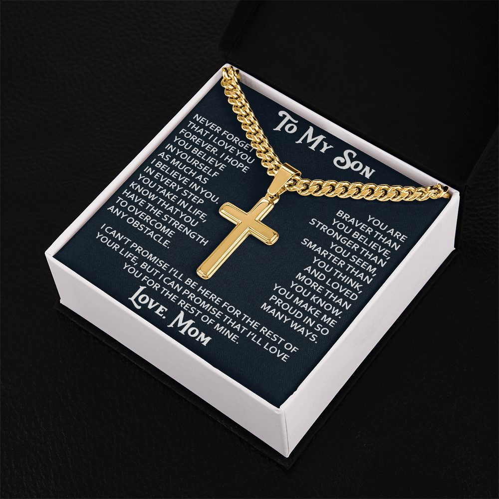 To My Son Personalized Cross with Cuban Link Chain Gift from Mom Mother for Birthday, Back to School, Graduation or any Special Occasion Present