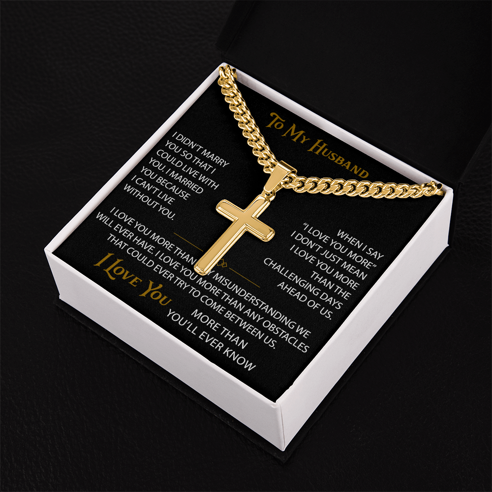Wife Gift to My Husband Personalized Cross with Cuban Link Chain - Unique Present for Soulmate Broom, Wedding Anniversary, Birthday Gifts