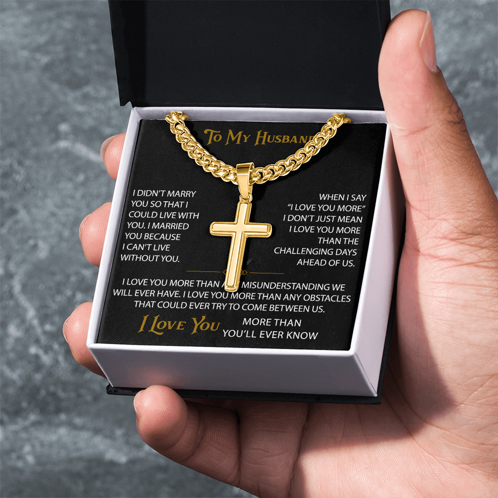 Wife Gift to My Husband Personalized Cross with Cuban Link Chain - Unique Present for Soulmate Broom, Wedding Anniversary, Birthday Gifts