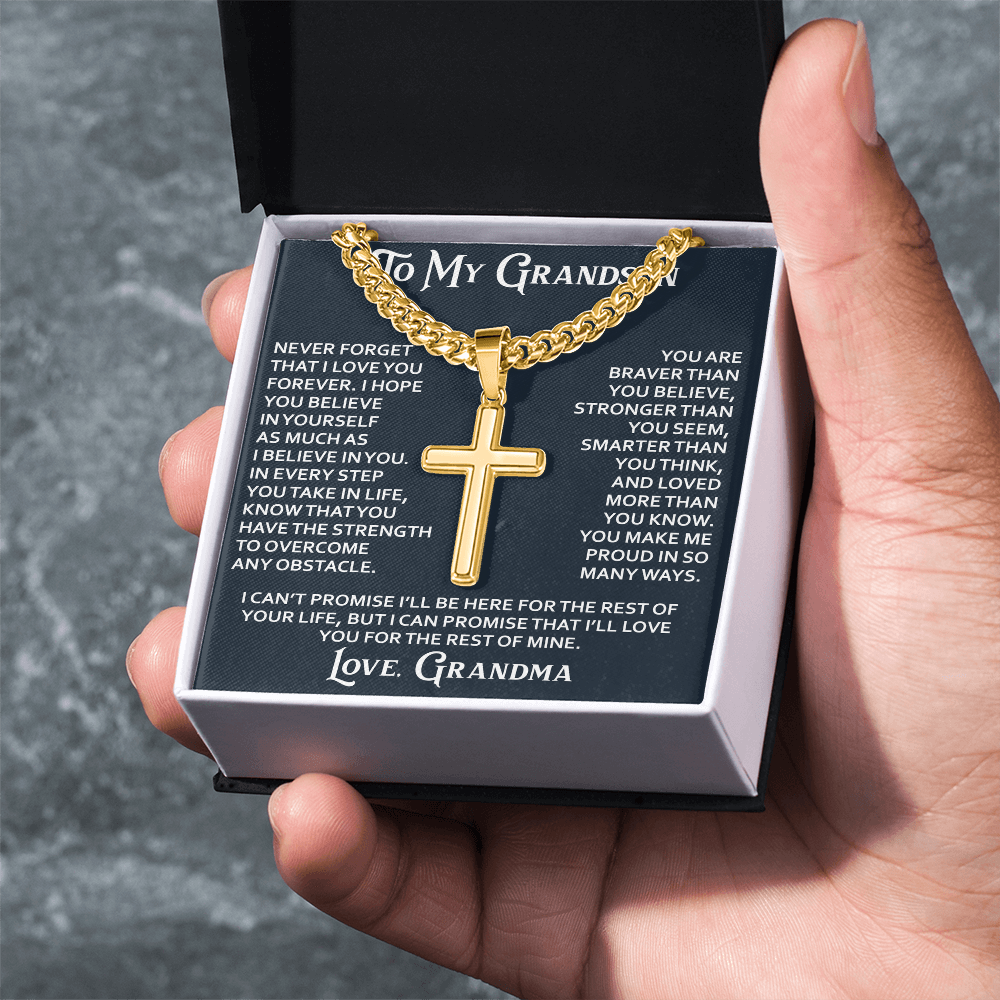 To My Grandson Artisan Cross with Cuban Link Chain - Christian Faith Gifts From Grandpa Grandma Inspirational Jewelry