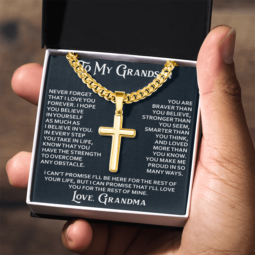 To My Grandson Personalized Cross with Cuban Link Chain From Grandma Grandmother for Christmas, Noel, Birthday, Back to School or Family Matching