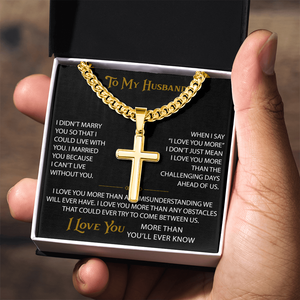 Wife Gift to My Husband Personalized Cross with Cuban Link Chain - Unique Present for Soulmate Broom, Wedding Anniversary, Birthday Gifts