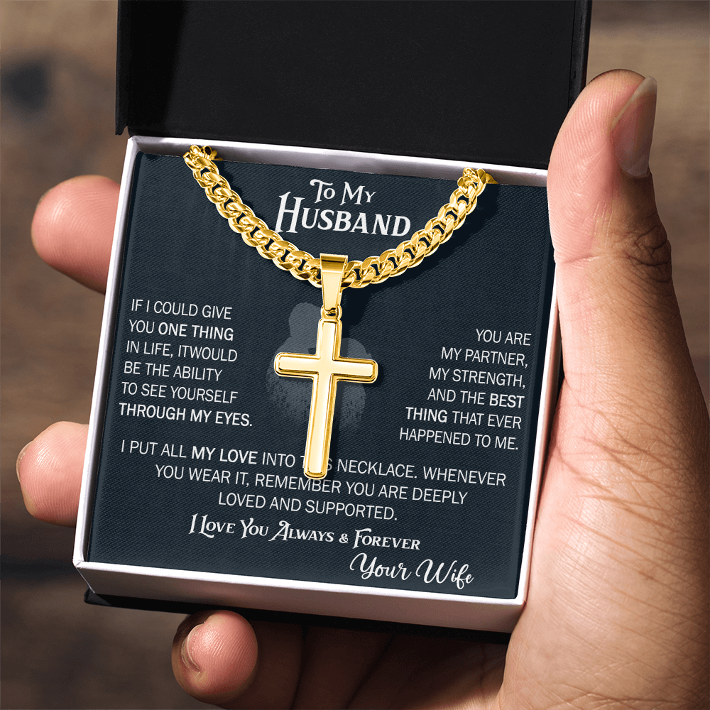 Product Image To My Husband Personalized Cross with Cuban Link Chain From Wife – Valentines Day Gifts for Her with Heartfelt Message Card, Premium Gold-Plated Wife Jewelry