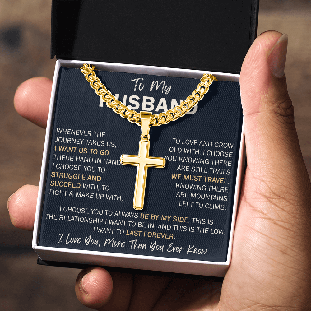 To My Husband Personalized Cross with Cuban Link Chain - Perfect Gift for Birthday, Valentine, Wedding Anniversary or any Special Occasion.
