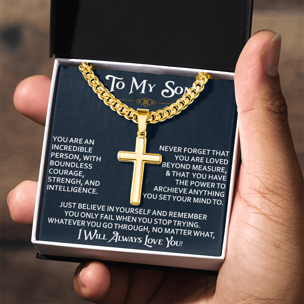 To My Son Personalized Cross with Cuban Link Chain Gift from Dad Mom - Unique Gift for Birthday, Back to School, Graduation or any Special Occasion.