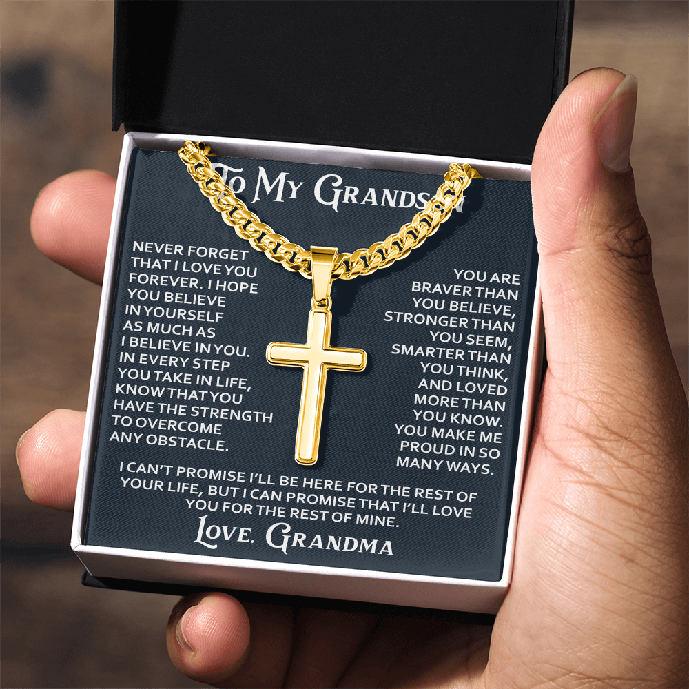 To My Grandson Artisan Cross with Cuban Link Chain - Christian Faith Gifts From Grandpa Grandma Inspirational Jewelry
