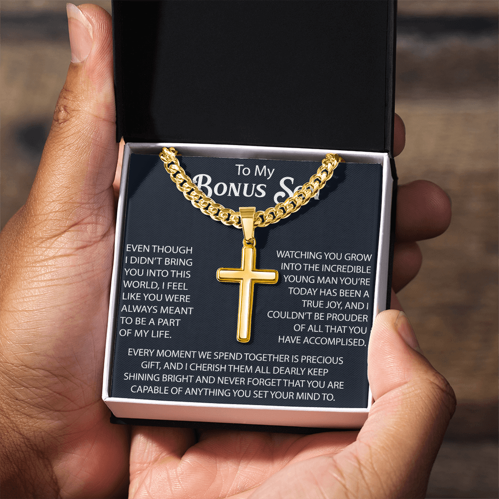 To My Bonus Son Personalized Cross with Cuban Link Chain -  Perfect Gift for Birthday, Christmas, Back to School or any Special Occasion.