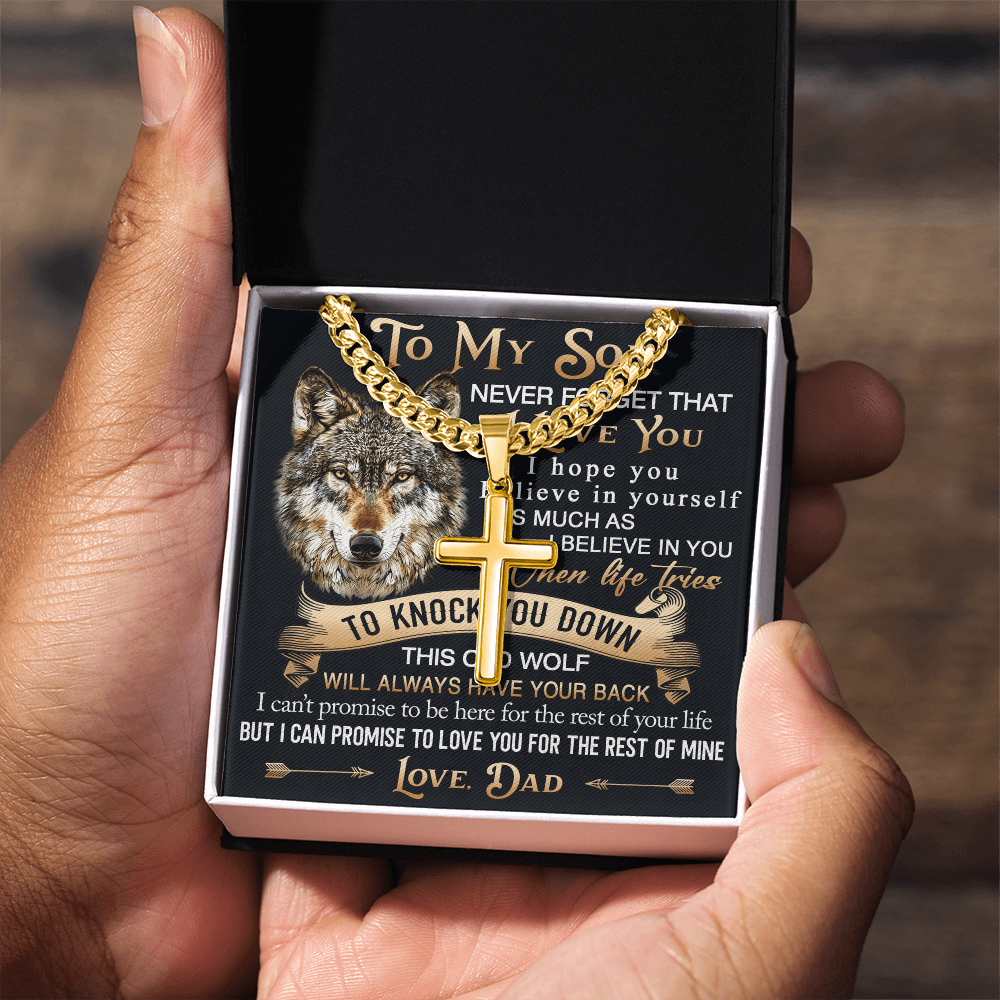 To My Son Personalized Cross with Cuban Link Chain Gift from Wolf Dad - Unique Gift for Birthday, Back to School, Graduation or any Special Occasion.