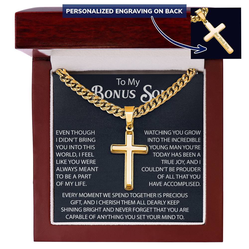 To My Bonus Son Personalized Cross with Cuban Link Chain -  Perfect Gift for Birthday, Christmas, Back to School or any Special Occasion.