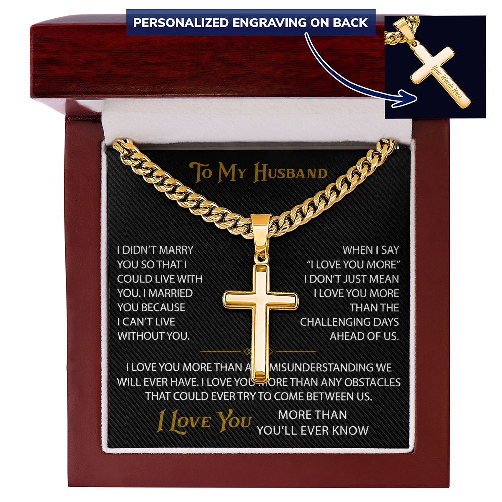 Wife Gift to My Husband Personalized Cross with Cuban Link Chain - Unique Present for Soulmate Broom, Wedding Anniversary, Birthday Gifts