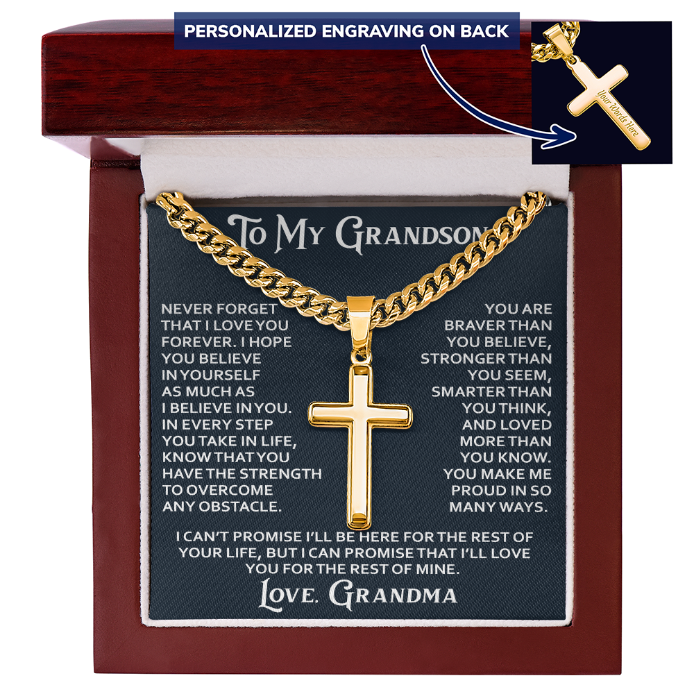 To My Grandson Artisan Cross with Cuban Link Chain - Christian Faith Gifts From Grandpa Grandma Inspirational Jewelry