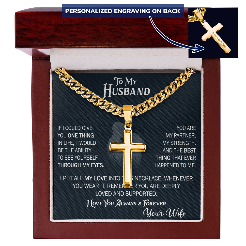 Product Image To My Husband Personalized Cross with Cuban Link Chain From Wife – Valentines Day Gifts for Her with Heartfelt Message Card, Premium Gold-Plated Wife Jewelry