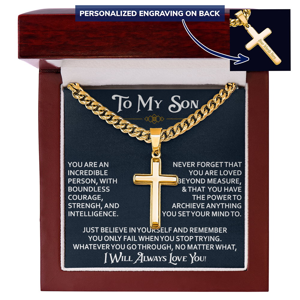 To My Son Personalized Cross with Cuban Link Chain Gift from Dad Mom - Unique Gift for Birthday, Back to School, Graduation or any Special Occasion.