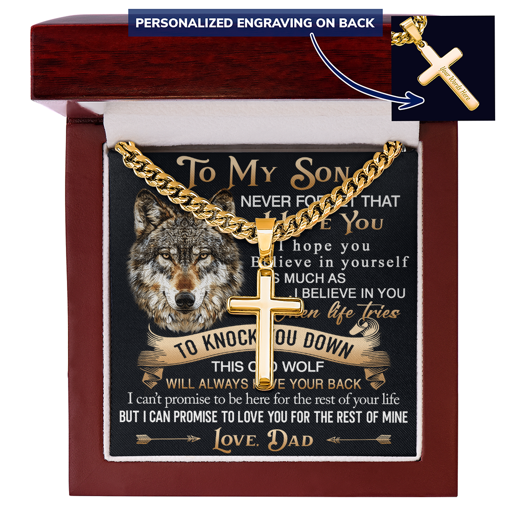 To My Son Personalized Cross with Cuban Link Chain Gift from Wolf Dad - Unique Gift for Birthday, Back to School, Graduation or any Special Occasion.