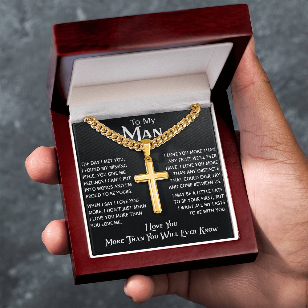 To My Man Personalized Cross with Cuban Link Chain - Perfect Gift for Birthday, Christmas