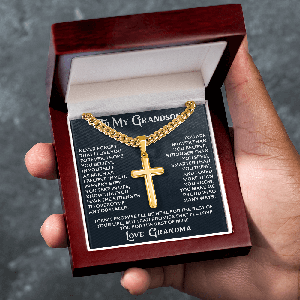 To My Grandson Personalized Cross with Cuban Link Chain From Grandma Grandmother for Christmas, Noel, Birthday, Back to School or Family Matching