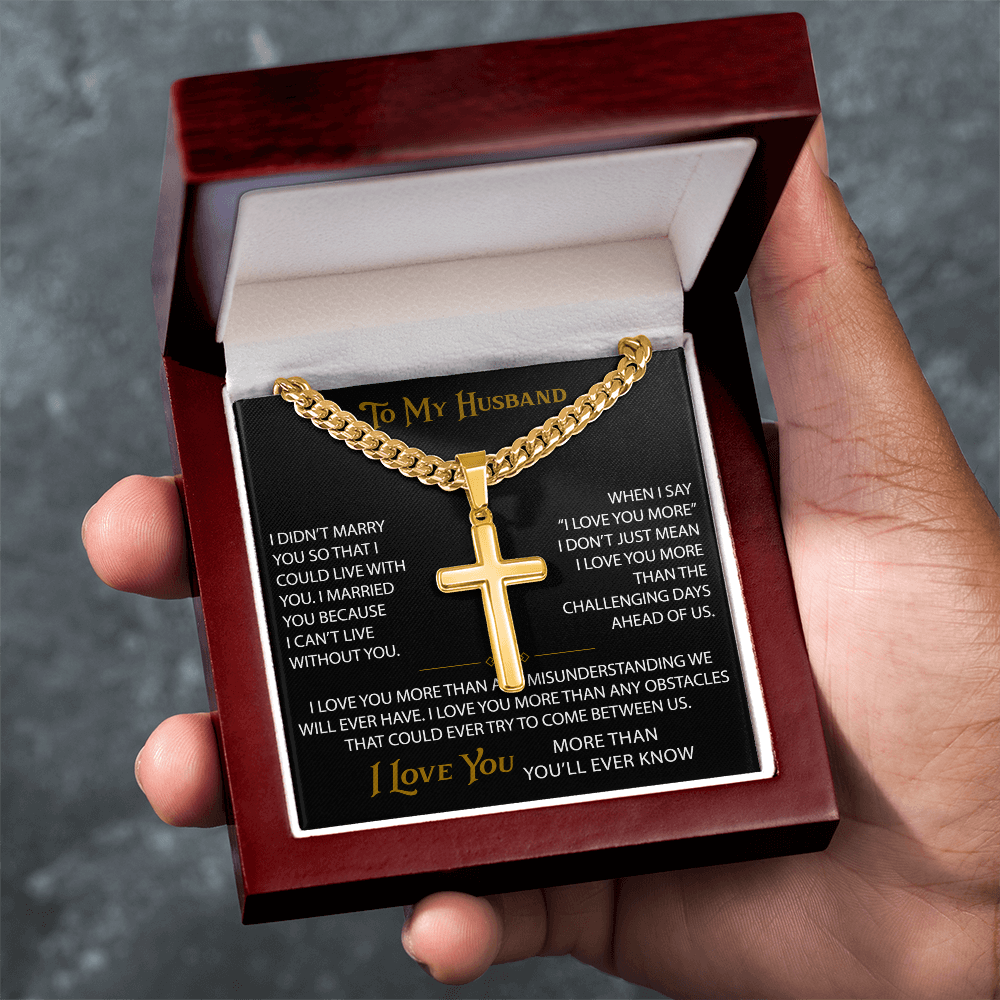 Wife Gift to My Husband Personalized Cross with Cuban Link Chain - Unique Present for Soulmate Broom, Wedding Anniversary, Birthday Gifts