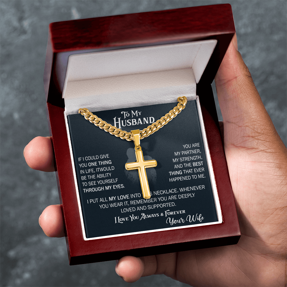 Product Image To My Husband Personalized Cross with Cuban Link Chain From Wife – Valentines Day Gifts for Her with Heartfelt Message Card, Premium Gold-Plated Wife Jewelry