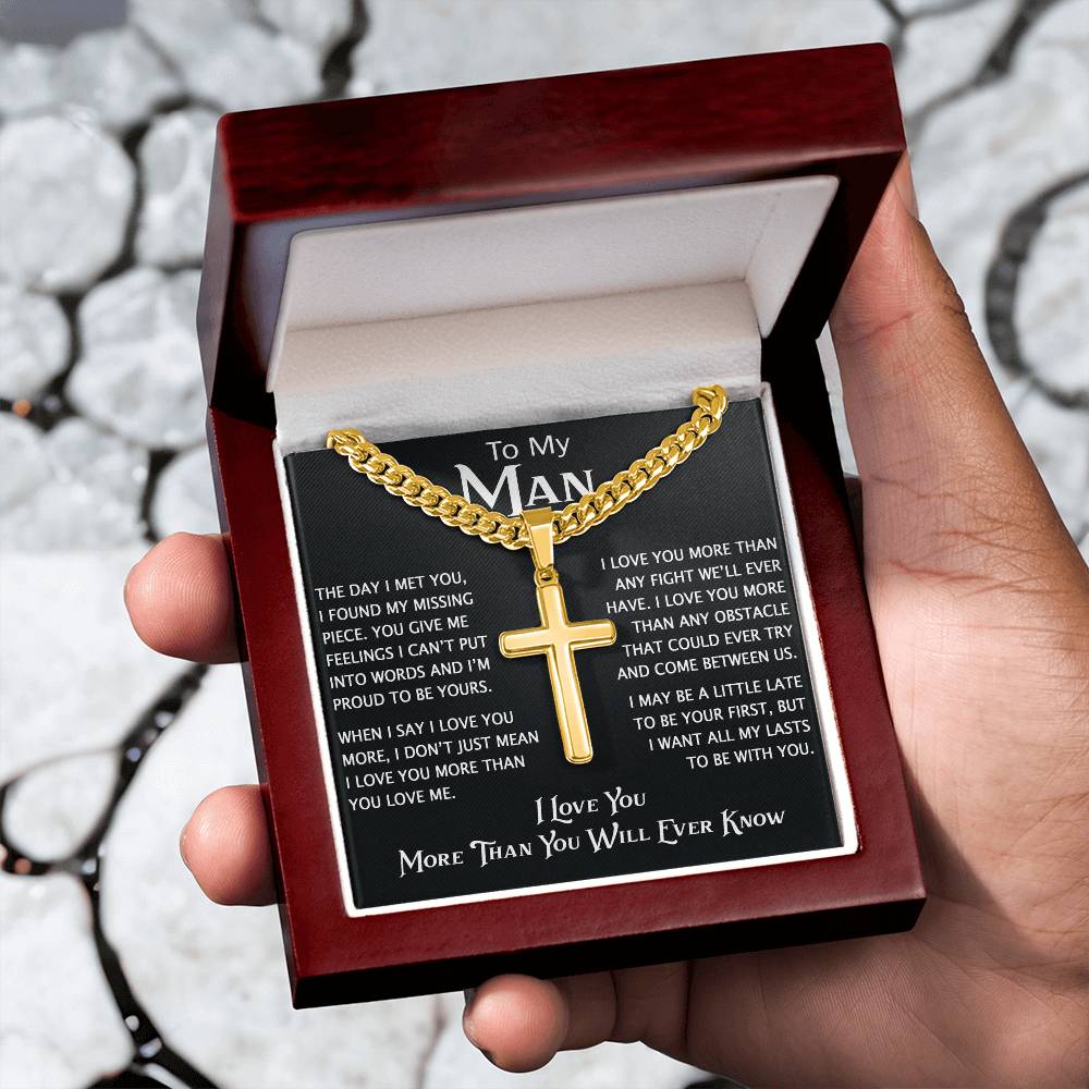 To My Man Personalized Cross with Cuban Link Chain - Perfect Gift for Birthday, Christmas