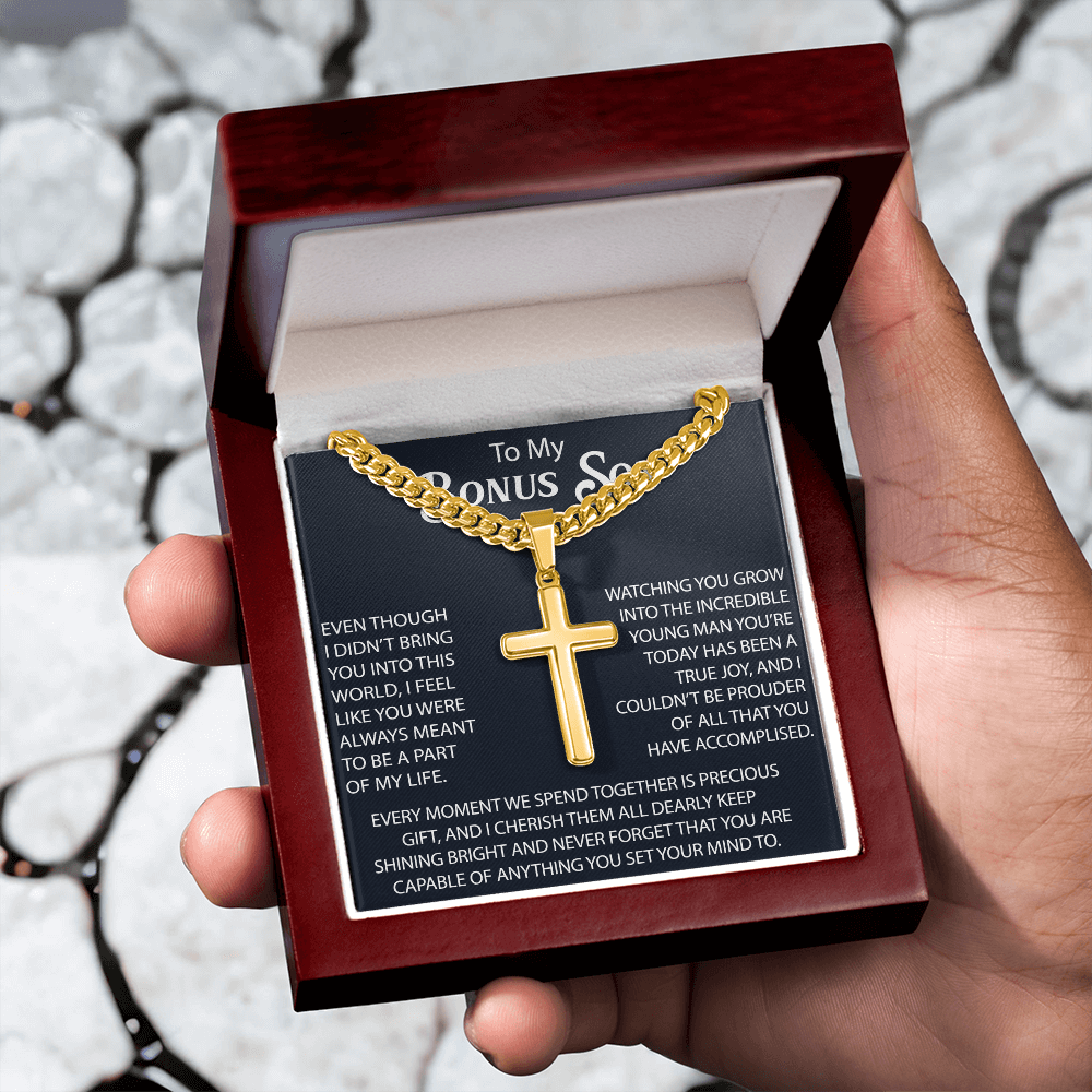 To My Bonus Son Personalized Cross with Cuban Link Chain -  Perfect Gift for Birthday, Christmas, Back to School or any Special Occasion.