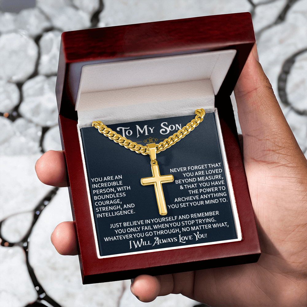 To My Son Personalized Cross with Cuban Link Chain Gift from Dad Mom - Unique Gift for Birthday, Back to School, Graduation or any Special Occasion.